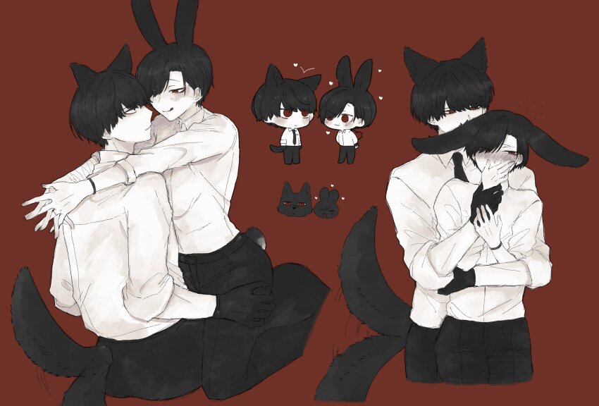 2boys, absurdres, animal_ears, ariake_(ooe), away_4423, black_gloves, black_pants, blush