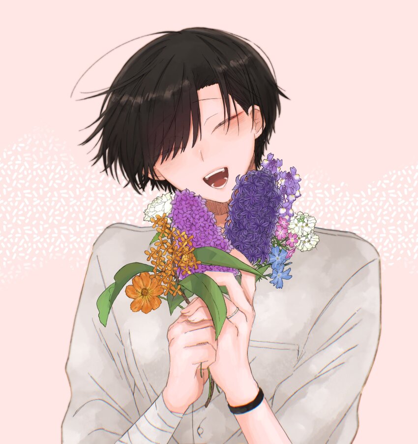 1boy, absurdres, ariake_(ooe), away_4423, bandaged_arm, bandages, black_hair, blue_flower