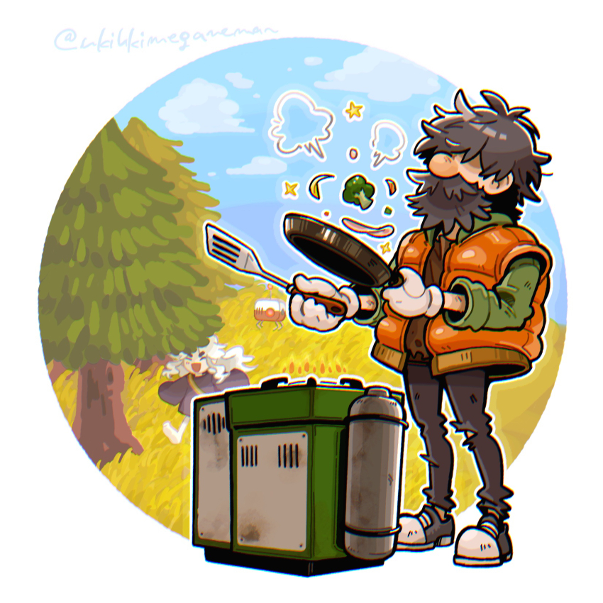 1boy, 1girl, beard, large_nose, black_pants, black_shirt, blue_sky, border