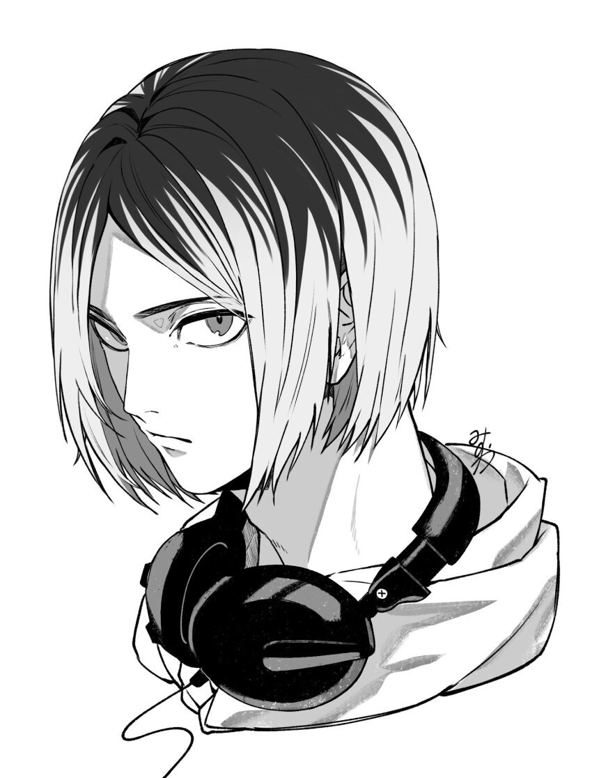 :|, adam's_apple, closed_mouth, commentary_request, cropped_shoulders, greyscale, haikyuu!!, headphones, headphones_around_neck, highres, kozume_kenma, looking_at_viewer, monochrome, multicolored_hair, omg_genjitsu, parted_bangs, roots_(hair), simple_background, white_background