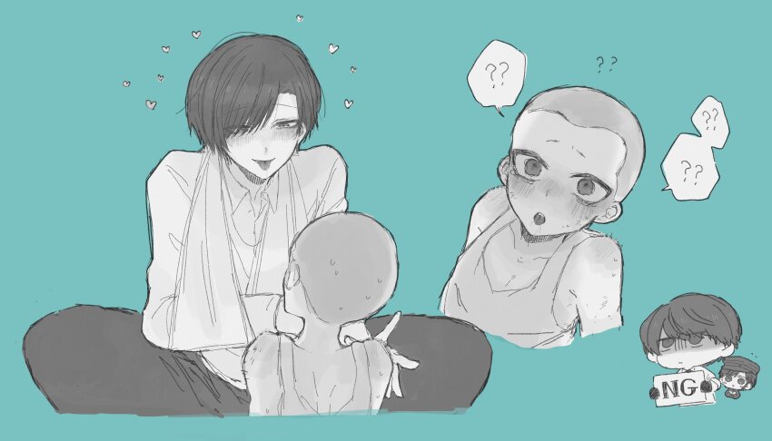 2boys, ?, absurdres, aged_down, aqua_background, ariake_(ooe), arm_sling, away_4423, black_gloves, black_pants, blush, collared_shirt, gloves, greyscale_with_colored_background, hair_over_one_eye, highres, male_focus, multiple_boys, ooe_(game), oosaki_(ooe), pants, shirt, simple_background, spoken_question_mark, tank_top, tongue, tongue_out, white_shirt