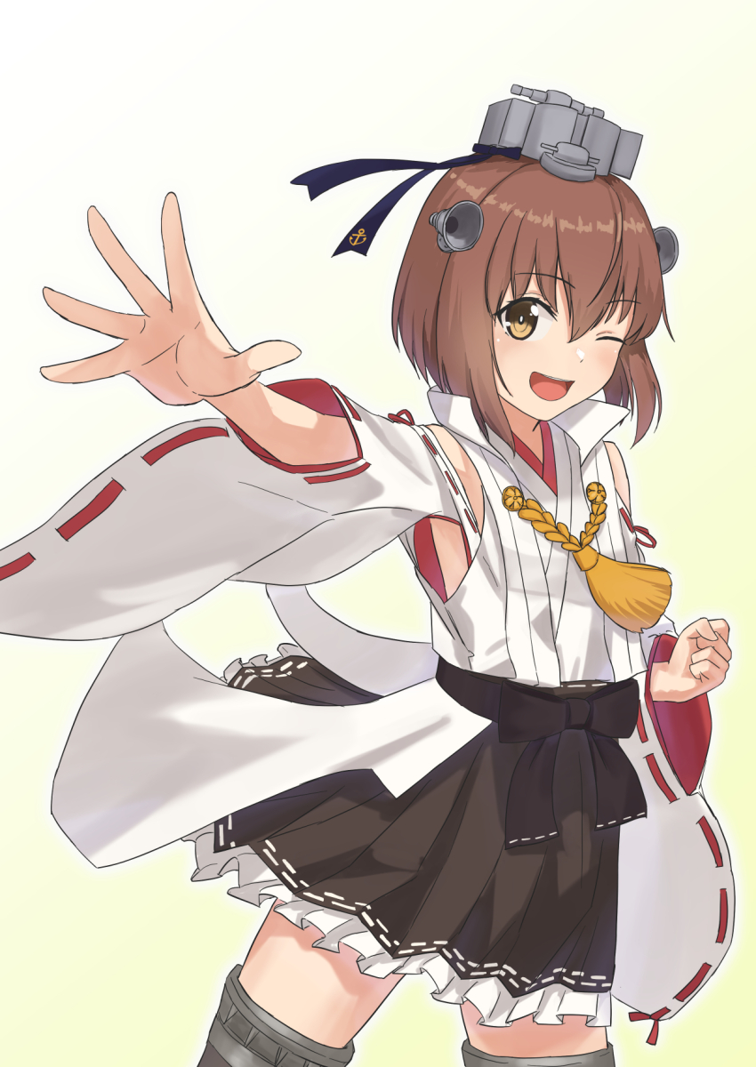 1girl, :d, anchor_symbol, black_skirt, black_thighhighs, blue_ribbon, blush, brown_eyes