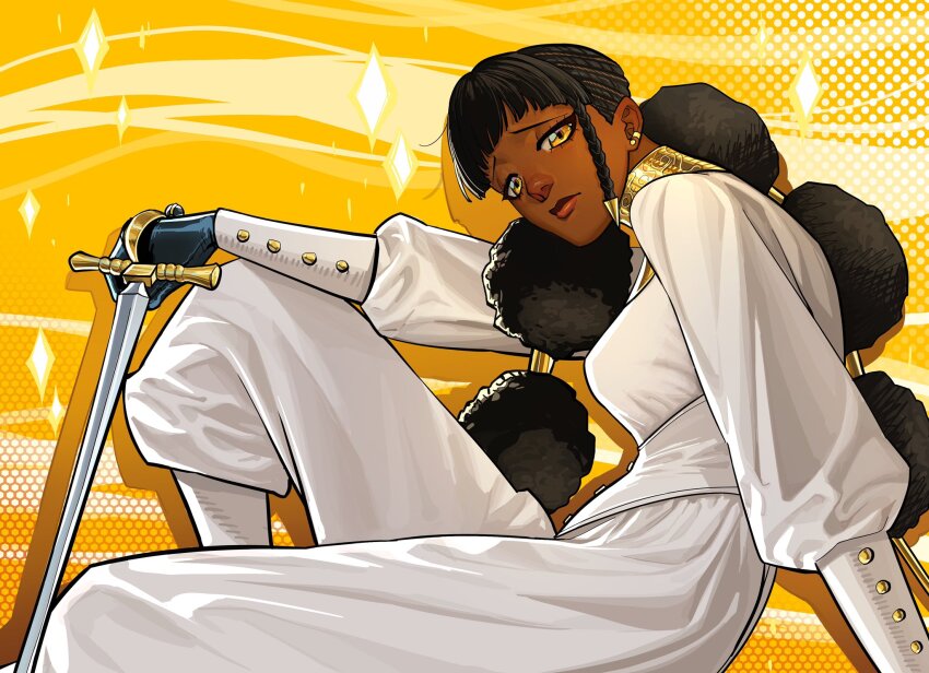 1girl, arm_support, black_gloves, black_hair, braid, commentary, dark-skinned_female, dark_skin