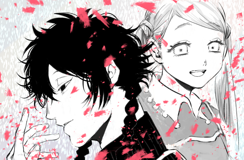 1boy, 1girl, blue_period, braid, braided_twintails, dress, from_side, hashida_haruka