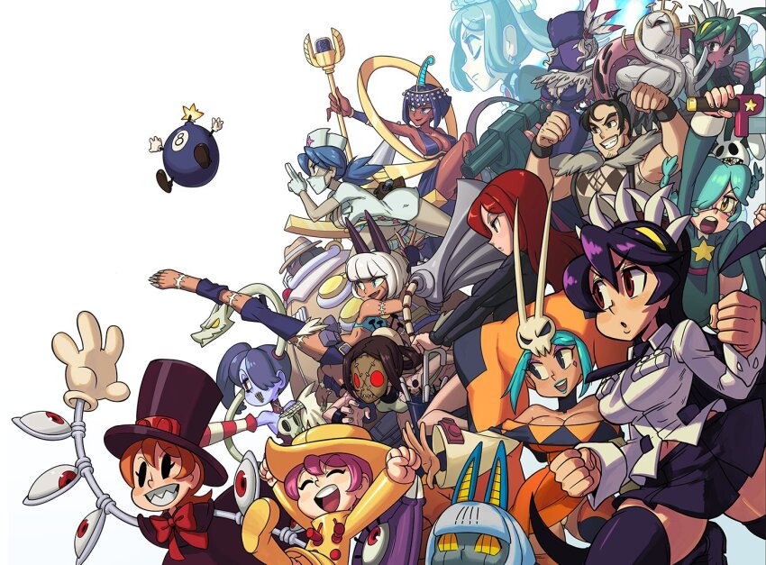 2024, 2boys, 6+girls, android, animal_ears, annie_(skullgirls), arm_cannon, barefoot, beowulf_(skullgirls), big_band, black_dahlia, black_eyes, black_hair, black_skirt, bloody_marie_(skullgirls), blue_eyes, blue_hair, blue_skin, boots, breasts, cartoonized, cat_girl, cerebella_(skullgirls), claws, cleavage, clenched_hand, closed_eyes, closed_mouth, colored_skin, cyborg, dark-skinned_female, dark_skin, detached_collar, detached_sleeves, double_(skullgirls), dress, eliza_(skullgirls), english_text, everyone, eyepatch, eyeshadow, fedora, filia_(skullgirls), fukua_(skullgirls), george_the_bomb, gloves, green_eyes, green_hair, green_lips, hair_over_one_eye, hands_up, hat, holding, holding_sword, holding_weapon, hungern_(skullgirls), kicking, kinuko_(kinucakes), kuji-in, large_breasts, latex, latex_gloves, leviathan_(skullgirls), lipstick, long_hair, looking_to_the_side, makeup, mariel_cartwright, mask, microphone, microphone_stand, monster, monster_girl, mouth_mask, ms._fortune_(skullgirls), multiple_boys, multiple_girls, multiple_persona, muscular, muscular_male, navel, necktie, new_year, ninja, nurse, nurse_cap, official_art, open_mouth, painwheel_(skullgirls), panties, parasoul_(skullgirls), peacock_(skullgirls), pink_hair, pleated_skirt, ponytail, purple_hair, purple_skin, raincoat, red_eyes, red_hair, robo-fortune, robot, sagan_(skullgirls), samson_(skullgirls), scar, school_uniform, sharp_teeth, shirt, short_dress, short_hair, skirt, skullgirls, smile, squigly_(skullgirls), stitched_mouth, stitches, striped_sleeves, surgical_mask, suspenders, sword, teeth, thighhighs, tiara, toon_(style), umbrella, umbrella_(skullgirls), undead, underwear, valentine, valentine_(skullgirls), vice-versa_(skullgirls), weapon, white_background, white_panties, white_shirt, wristband, zombie