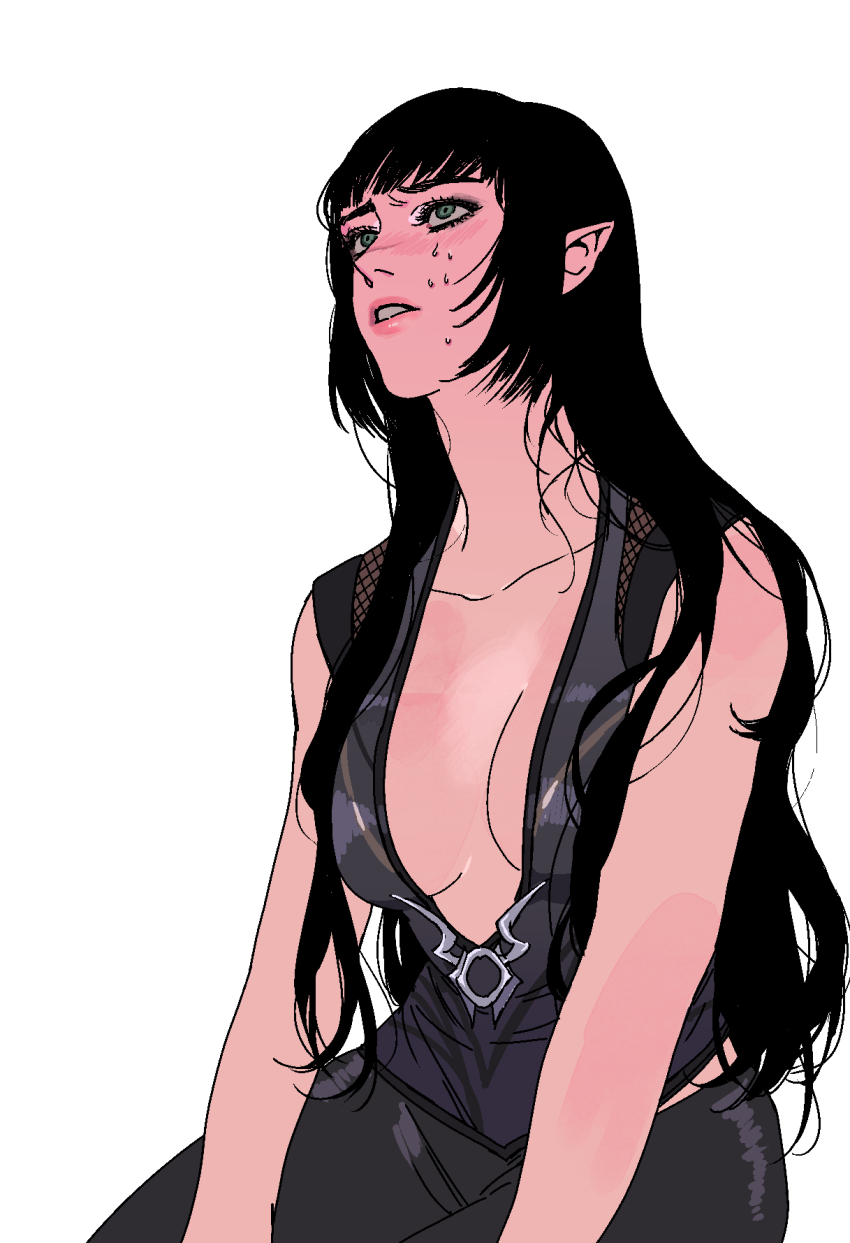 1girl, baldur's_gate, baldur's_gate_3, black_hair, black_pants, black_shirt, breasts, collarbone, cowboy_shot, dungeons_&amp;_dragons, elf, green_eyes, hair_down, highres, long_hair, looking_up, pants, pinkteest, plunging_neckline, pointy_ears, shadowheart_(baldur's_gate), shirt, short_bangs, simple_background, sleeveless, sleeveless_shirt, solo, sweat, white_background, wide-eyed
