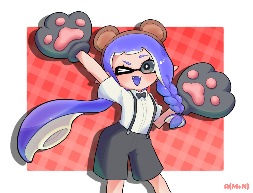 >_o, 1girl, 95mana, animal_ear_hairband, animal_ears, animal_hands, arm_up, artist_name