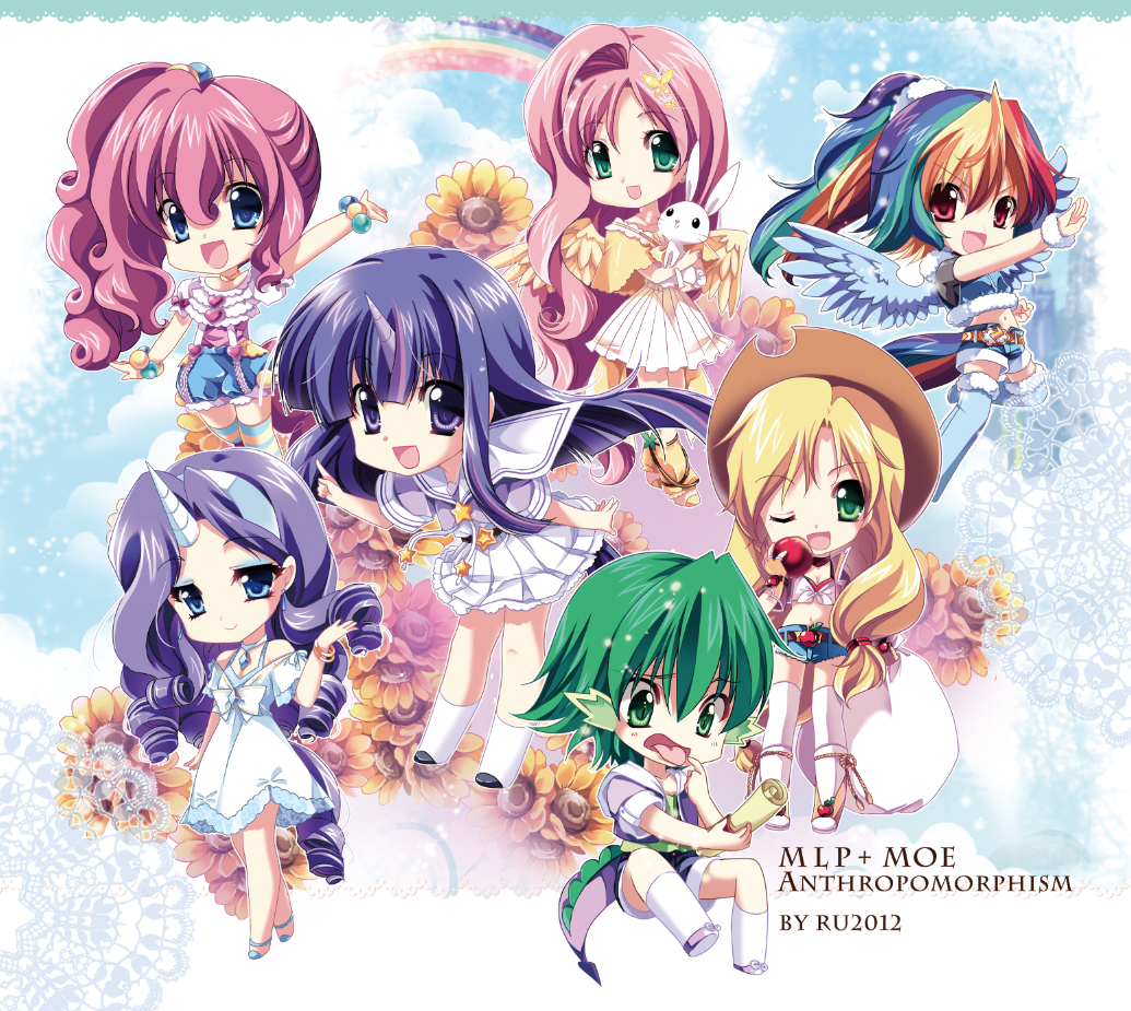 1boy, 2000s_(style), 6+girls, angel_bunny, apple, applejack, aqua_eyes, blonde_hair