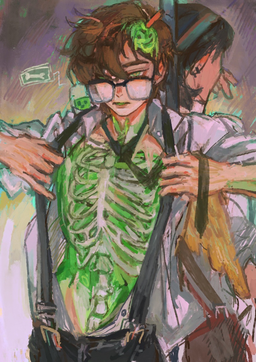 2boys, animification, back-to-back, beanie, bird_boy, bird_wings, brown_hair, chinese_commentary