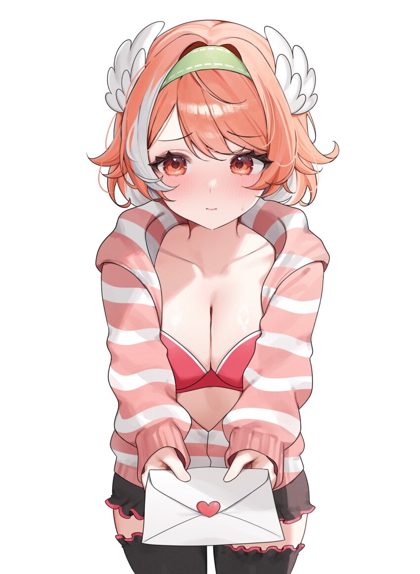 1girl, black_shorts, black_thighhighs, blush, breasts, cleavage, closed_mouth, collarbone