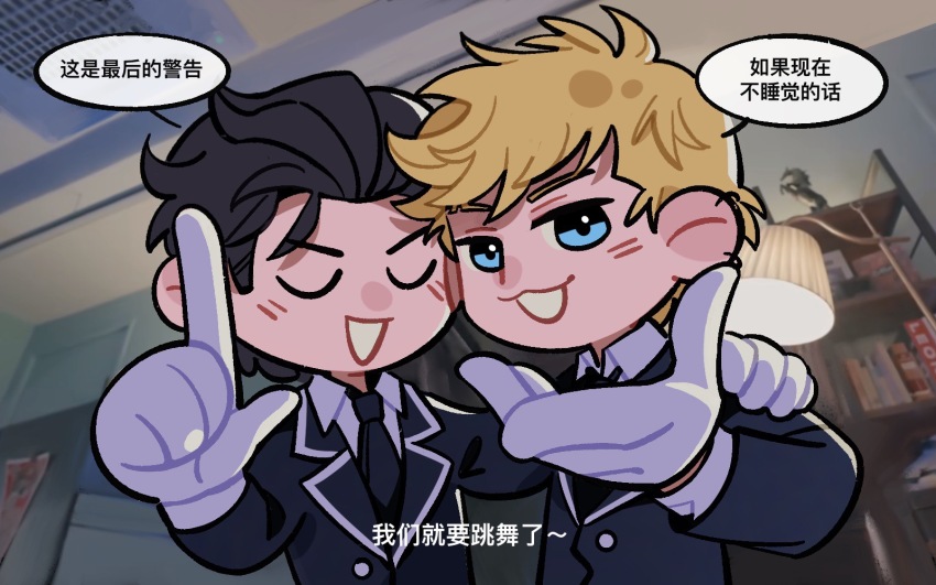 16personalities, 2boys, black_hair, black_jacket, black_necktie, blonde_hair, blue_eyes, chibi