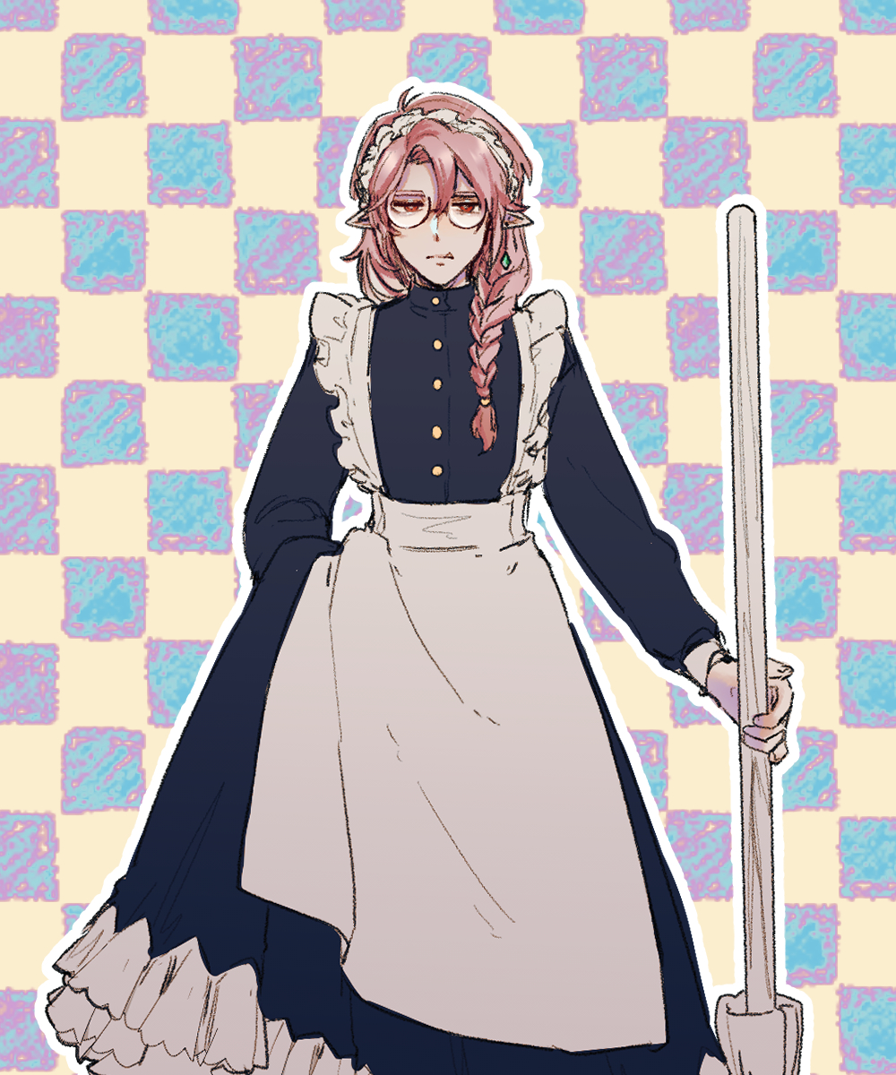 1boy, androgynous, animification, apron, black_dress, braid, broom, calampus, commentary_request, crossdressing, crossdressing_(mtf), dream_smp, dress, earrings, glasses, highres, holding, holding_broom, humanization, jewelry, long_dress, long_hair, looking_at_viewer, maid, male_focus, male_maid, meme, minecraft_youtube, pink_hair, pointy_ears, red_eyes, single_braid, single_earring, solo, standing, technoblade, technomaid_(meme), white_apron