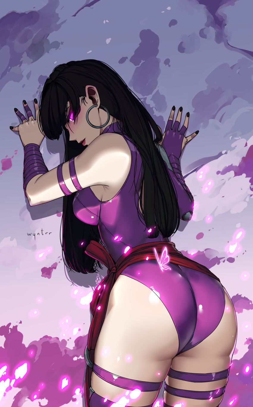 1girl, absurdres, ass, bare_shoulders, black_hair, breasts, eadgear, earrings, elbow_gloves, gloves, highleg, highleg_leotard, highres, jewelry, leotard, long_hair, looking_at_viewer, marvel, marvel_rivals, psylocke, psylocke_(vengeance), purple_eyes, purple_hair, sash, solo, superhero_costume, thighhighs, x-men