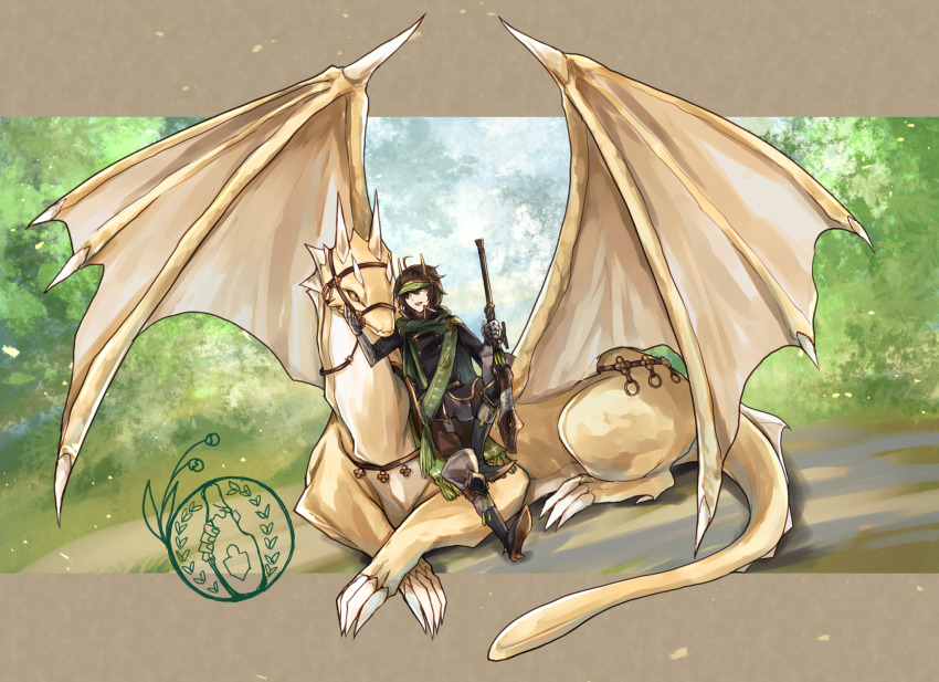 black_boots, boots, brown_hair, cape, day, dragon, gauntlets, green_cape, gun, hand_on_another's_cheek, hand_on_another's_face, highres, holding, holding_gun, holding_weapon, horns, leaning_on_animal, long_sleeves, outdoors, pixiv_fantasia, pixiv_fantasia_last_saga, reins, smile, weapon, yellow_eyes, yellow_horns, yukimitsuyui