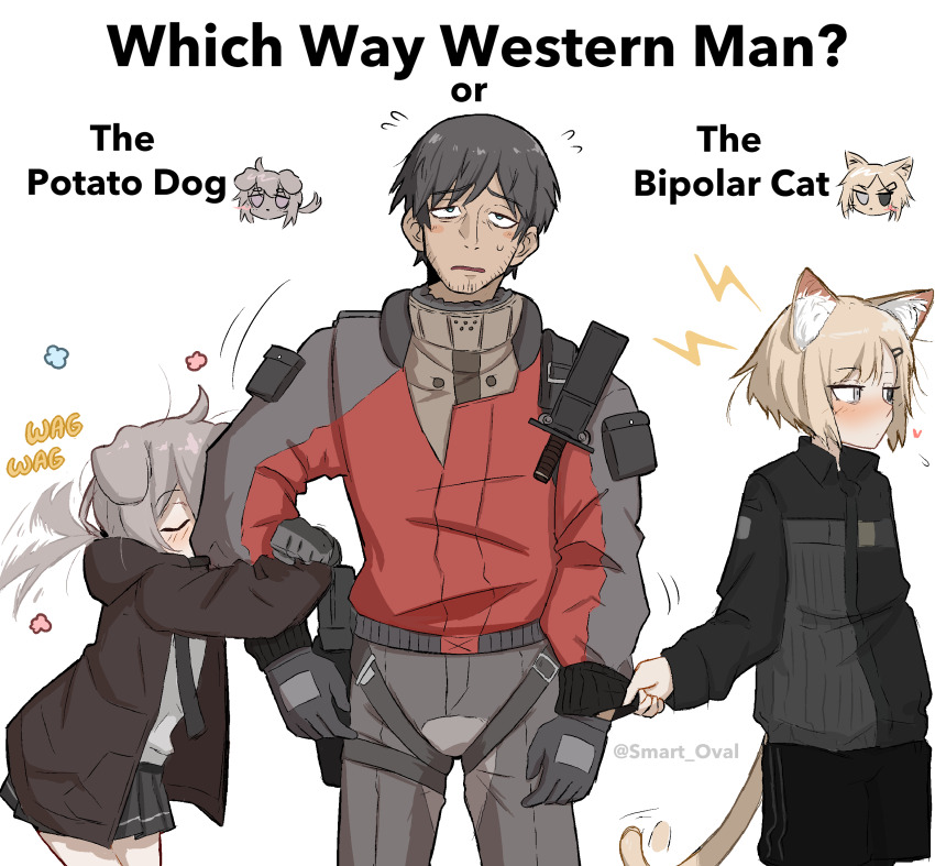 1boy, 2girls, absurdres, animal_ears, black_hair, brown_hair, cat_ears, cat_girl, cat_tail, commander_(girls'_frontline), dog_ears, dog_girl, dog_tail, english_text, girls'_frontline, girls'_frontline_2:_exilium, grey_hair, heterochromia, highres, hug, m200_(girls'_frontline), mg338_(girls'_frontline), multiple_girls, short_hair, smart_oval, tail