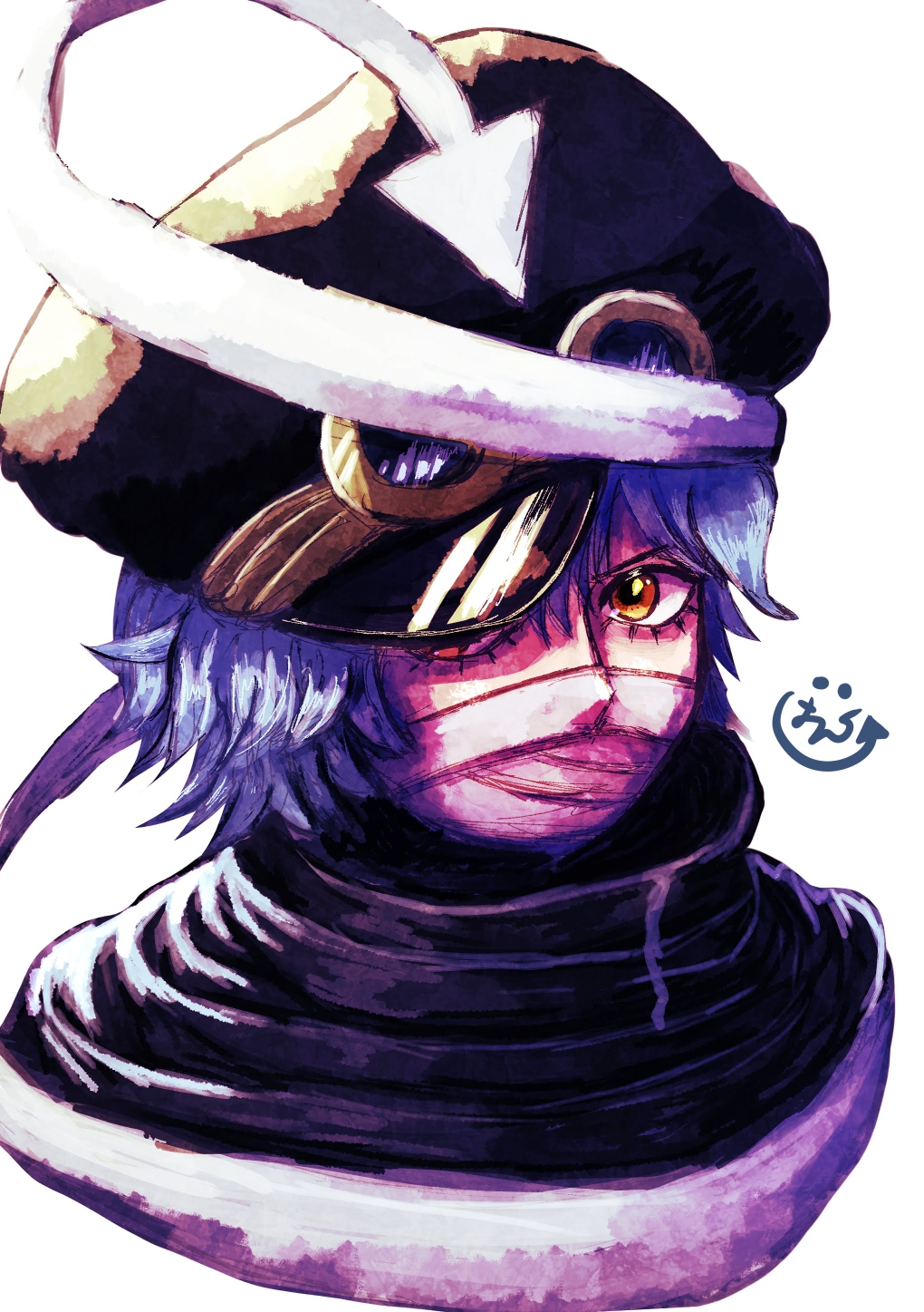 1girl, arrow_(symbol), bandages_over_mouth, black_hat, blue_hair, goggles, goggles_on_headwear, gunko