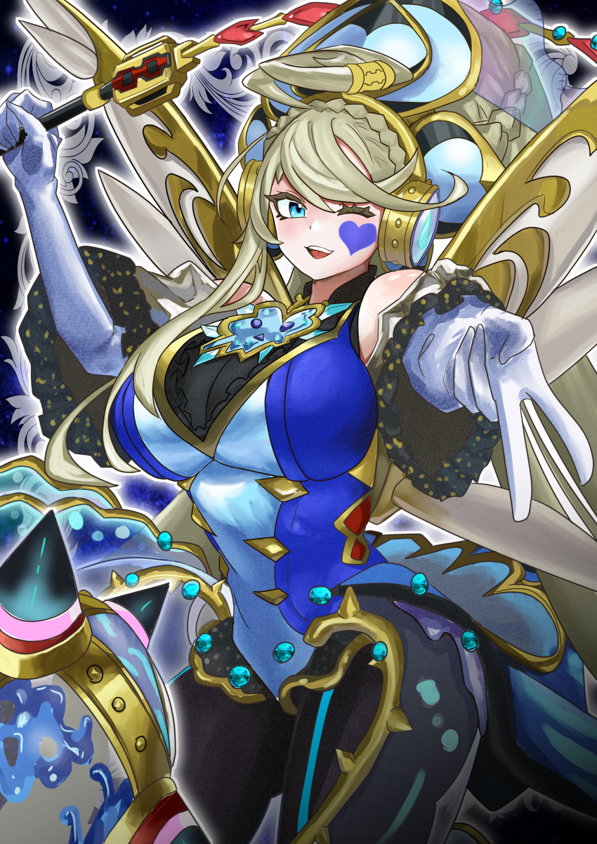 1girl, ;d, absurdres, ball_and_chain_(weapon), bare_shoulders, black_pantyhose, blonde_hair, blue_background