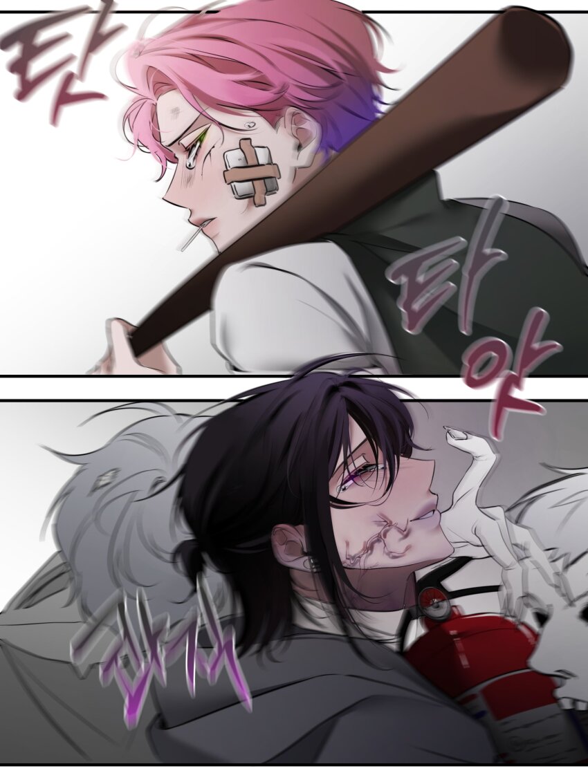 absurdres, alien_stage, alternate_universe, baseball_bat, black_hoodie, commentary, fire_extinguisher, gauze