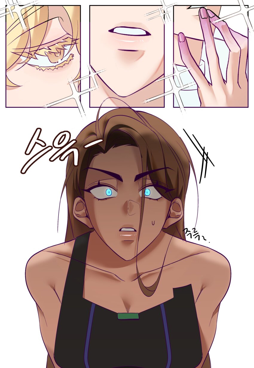 1boy, 1girl, absurdres, alien_stage, bare_shoulders, black_tank_top, blonde_hair, blue_eyes, brown_hair, collarbone, colored_extremities, colored_eyelashes, commentary, dark-skinned_female, dark_skin, hashtag-only_commentary, highres, hyuna_(alien_stage), korean_text, long_hair, luka_(alien_stage), morano041001, parted_lips, single_strap, tank_top, translation_request, yellow_eyes