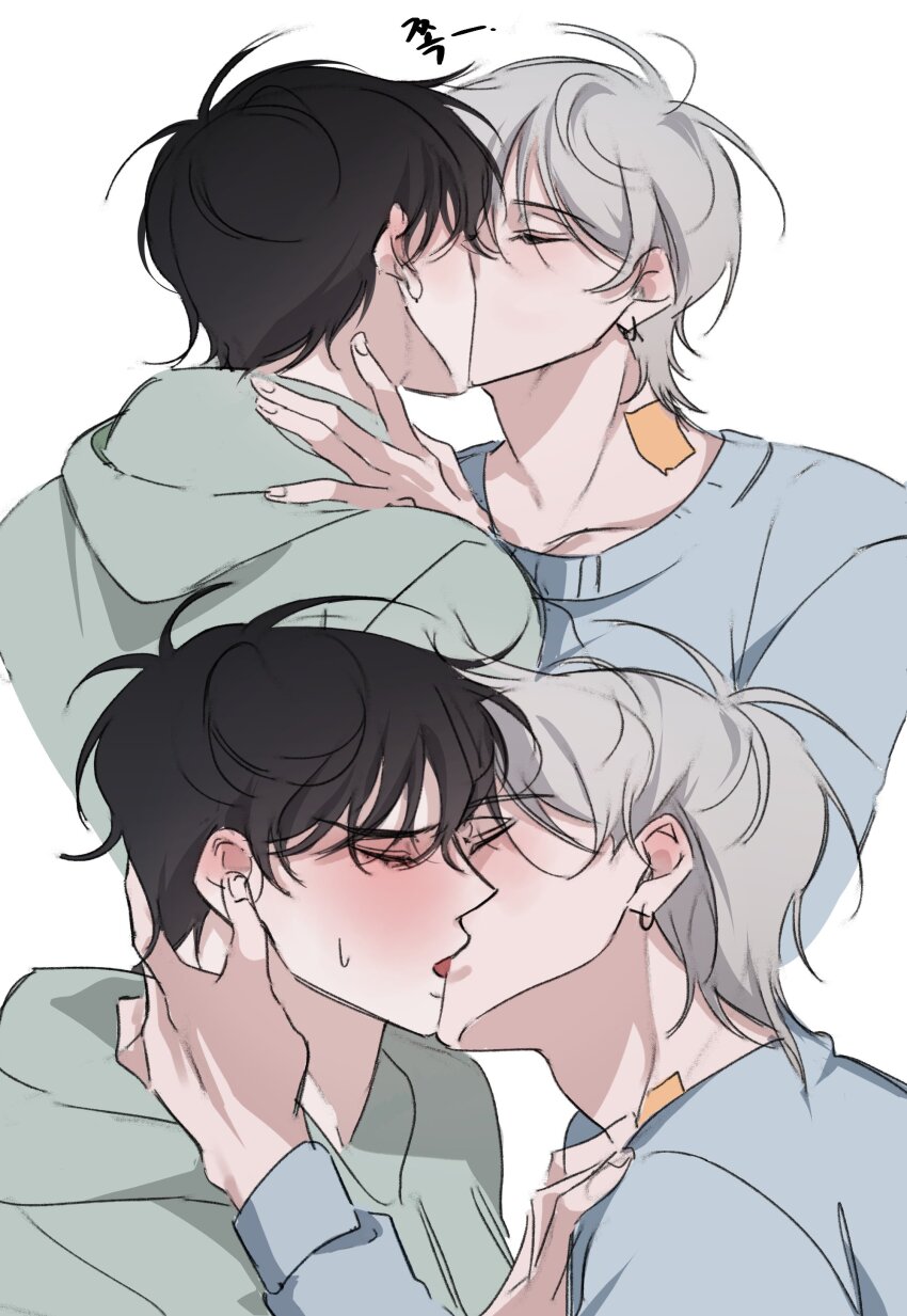 2boys, absurdres, alien_stage, black_hair, blue_sweater, closed_eyes, commentary_request, earrings