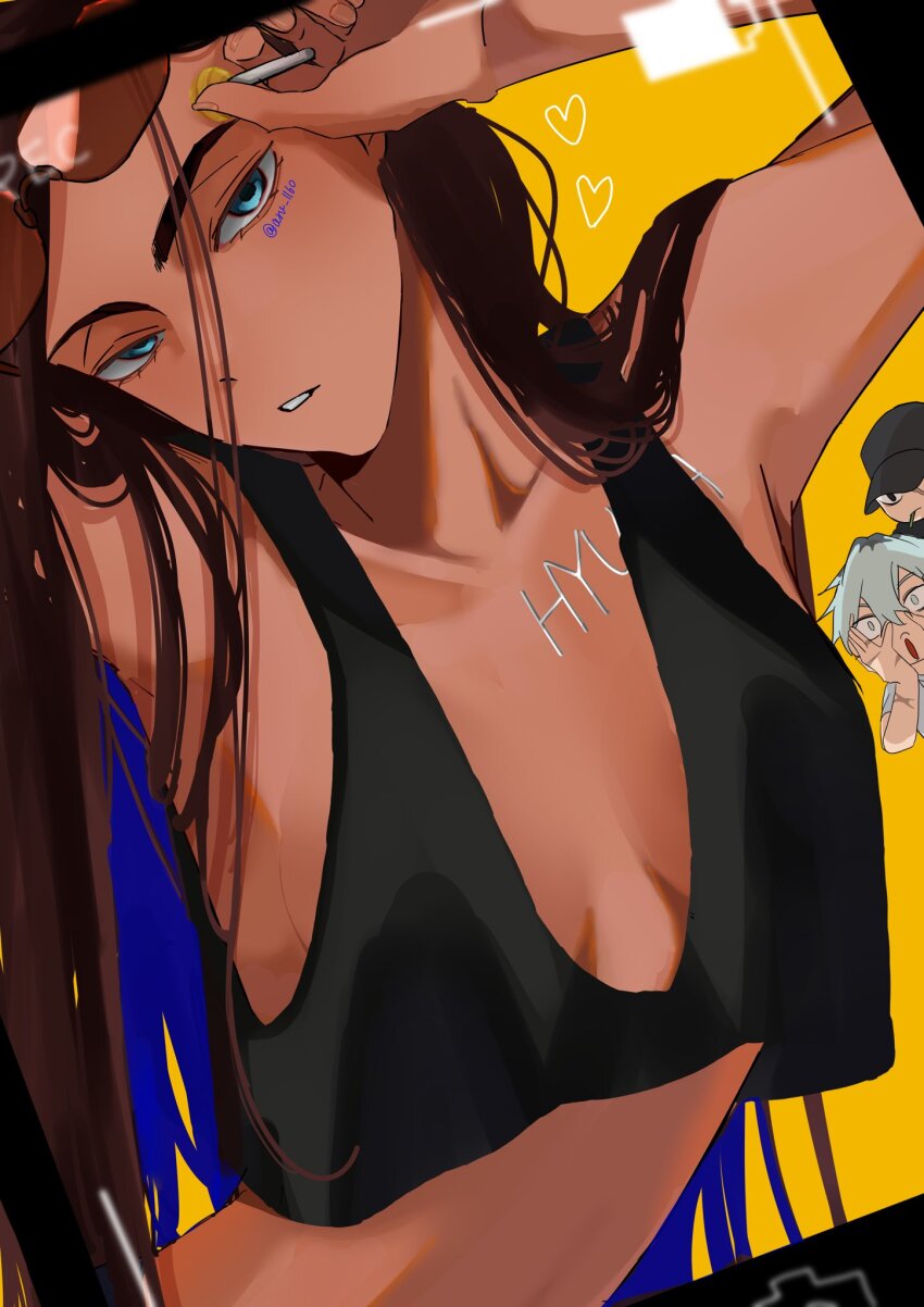 1girl, 2boys, alien_stage, artist_name, aru_1160, baseball_cap, black_hat, black_tank_top, blue_eyes, breasts, candy, chest_tattoo, commentary, crop_top, dark-skinned_female, dark_skin, dewey_(alien_stage), eyewear_on_head, food, hands_on_own_face, hat, heart, highres, holding, holding_candy, holding_food, holding_lollipop, hyuna_(alien_stage), isaac_(alien_stage), lollipop, multicolored_hair, multiple_boys, no_bra, parted_lips, rimless_eyewear, roots_(hair), scar, scar_on_arm, scar_on_face, solo_focus, sunglasses, untranslatable_commentary, tank_top, tattoo, upper_body, yellow_eyes