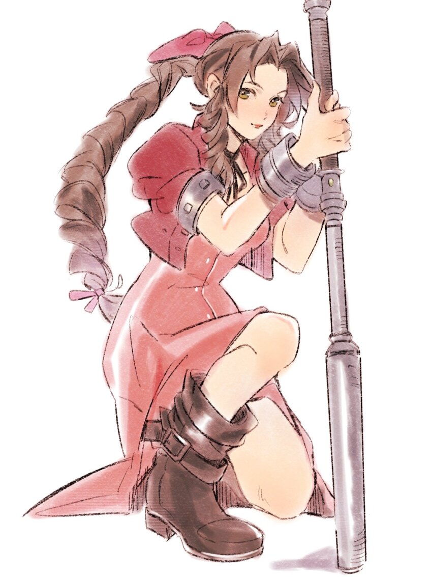 1girl, aerith_gainsborough, boots, bracelet, braid, braided_ponytail, brown_boots, brown_hair