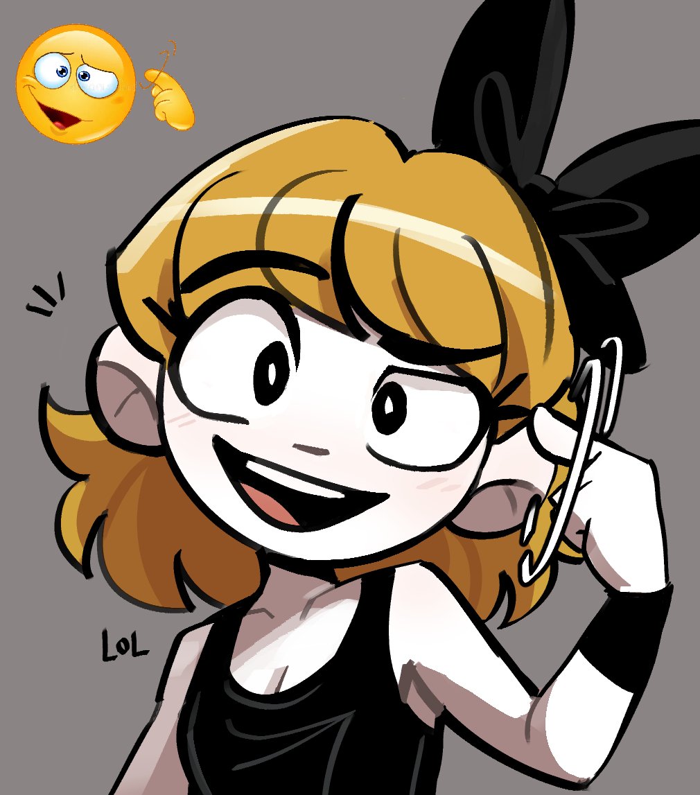 1girl, bare_shoulders, black_bow, black_eyes, black_tank_top, blonde_hair, blush, bob_cut, bow, breasts, bright_pupils, cleavage, close-up, collarbone, commentary, cuckoo_gesture, derivative_work, derpina, emoji, english_commentary, english_text, gesture, grey_background, hair_behind_ear, hair_bow, index_finger_raised, light_blush, looking_at_viewer, notice_lines, open_mouth, peargor, pointing, pointing_at_self, portrait, raised_eyebrow, redrawn, reference_inset, short_hair, simple_background, small_breasts, smile, smirk, solo, swept_bangs, tank_top, teeth, upper_teeth_only, white_pupils, wristband