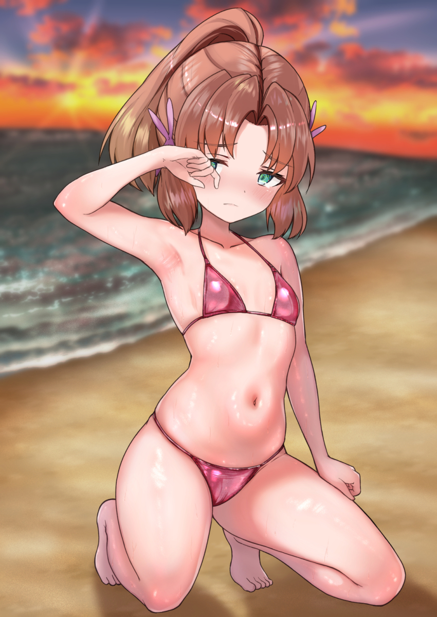 1girl, aqua_eyes, barefoot, beach, bikini, blurry, blurry_background, blush