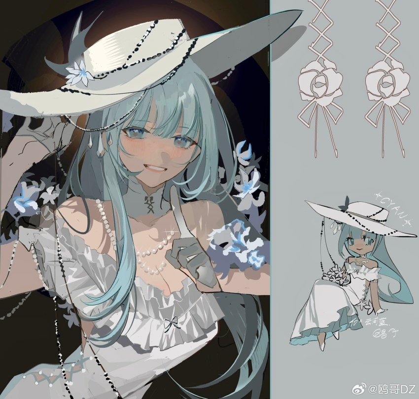 1girl, bare_shoulders, black_background, blue_eyes, blue_flower, blue_hair, breasts, chibi