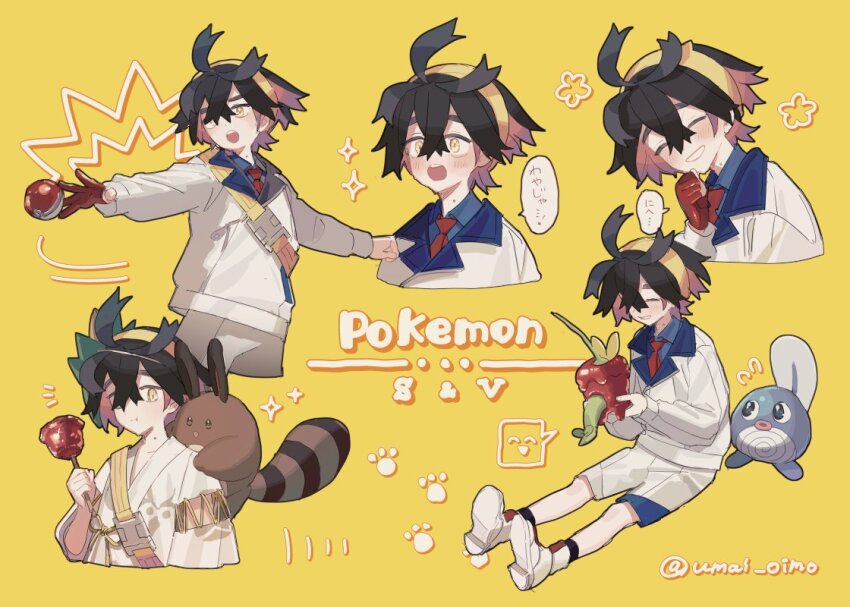 1boy, black_hair, blue_shirt, blush, candy_apple, closed_eyes, closed_mouth, collared_shirt