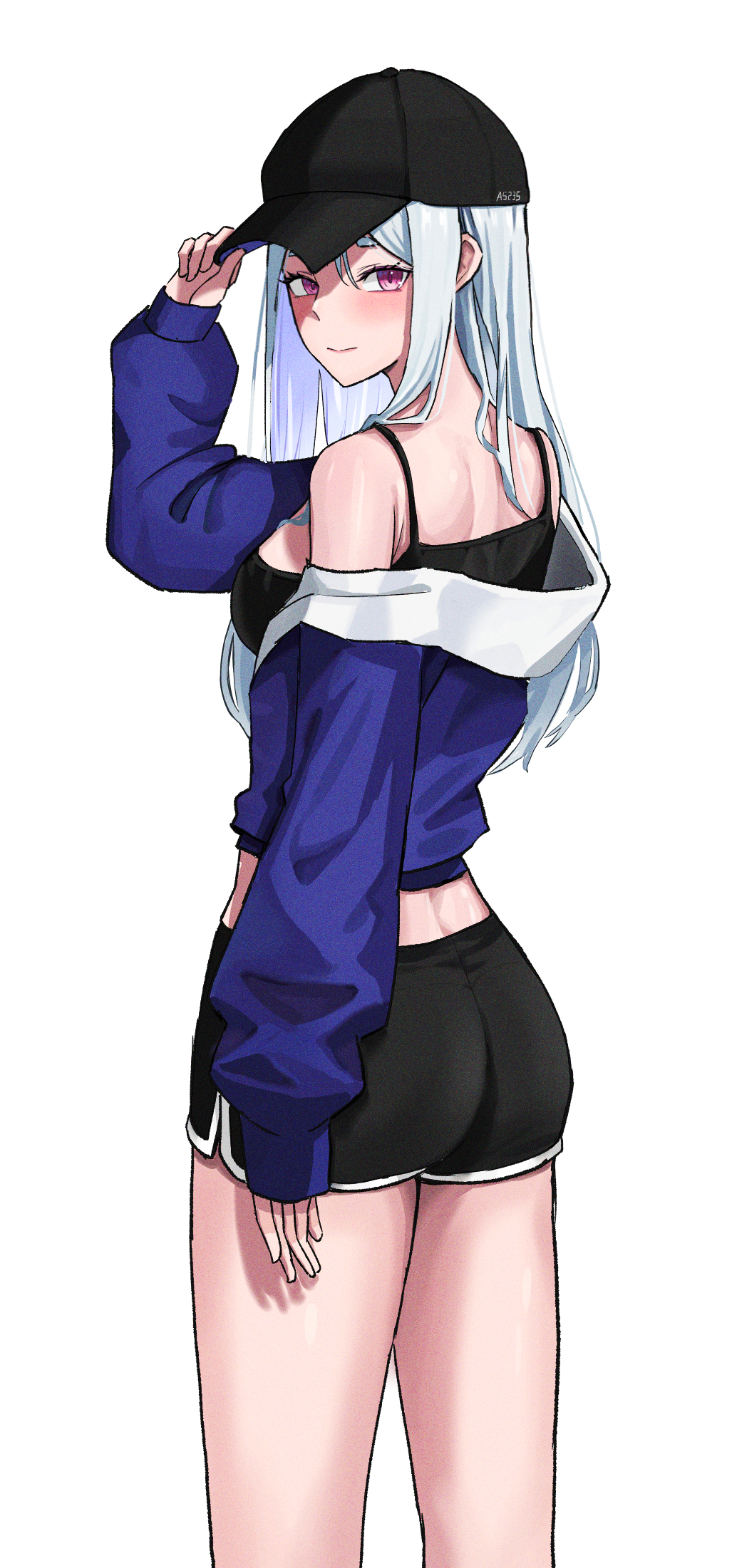 1girl, a5235, artist_name, ass, bare_shoulders, baseball_cap, black_camisole, black_hat