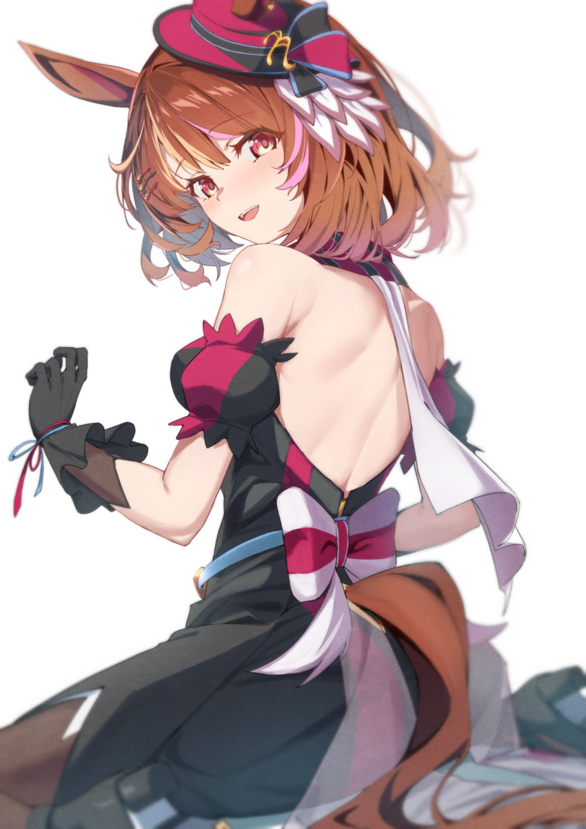 1girl, animal_ears, back_bow, backless_dress, backless_outfit, bare_back, bare_shoulders, black_gloves