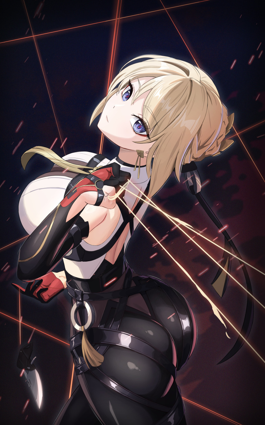 1girl, absurdres, ass, black_gloves, black_pants, black_ribbon, blonde_hair, breasts