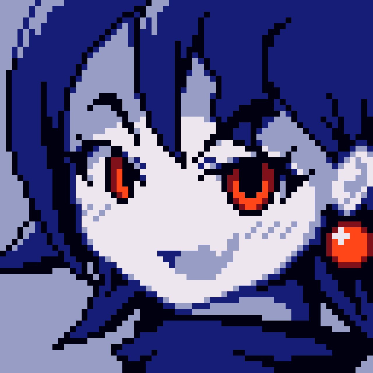 1girl, blue_hair, blush, close-up, colored_skin, doukutsu_monogatari, earrings, evil_smile, fang, highres, jewelry, looking_at_viewer, misery_(cave_story), open_mouth, pixel_art, red_eyes, short_hair, skin_fang, smile, solo, twirlincurtis, upper_body, white_skin
