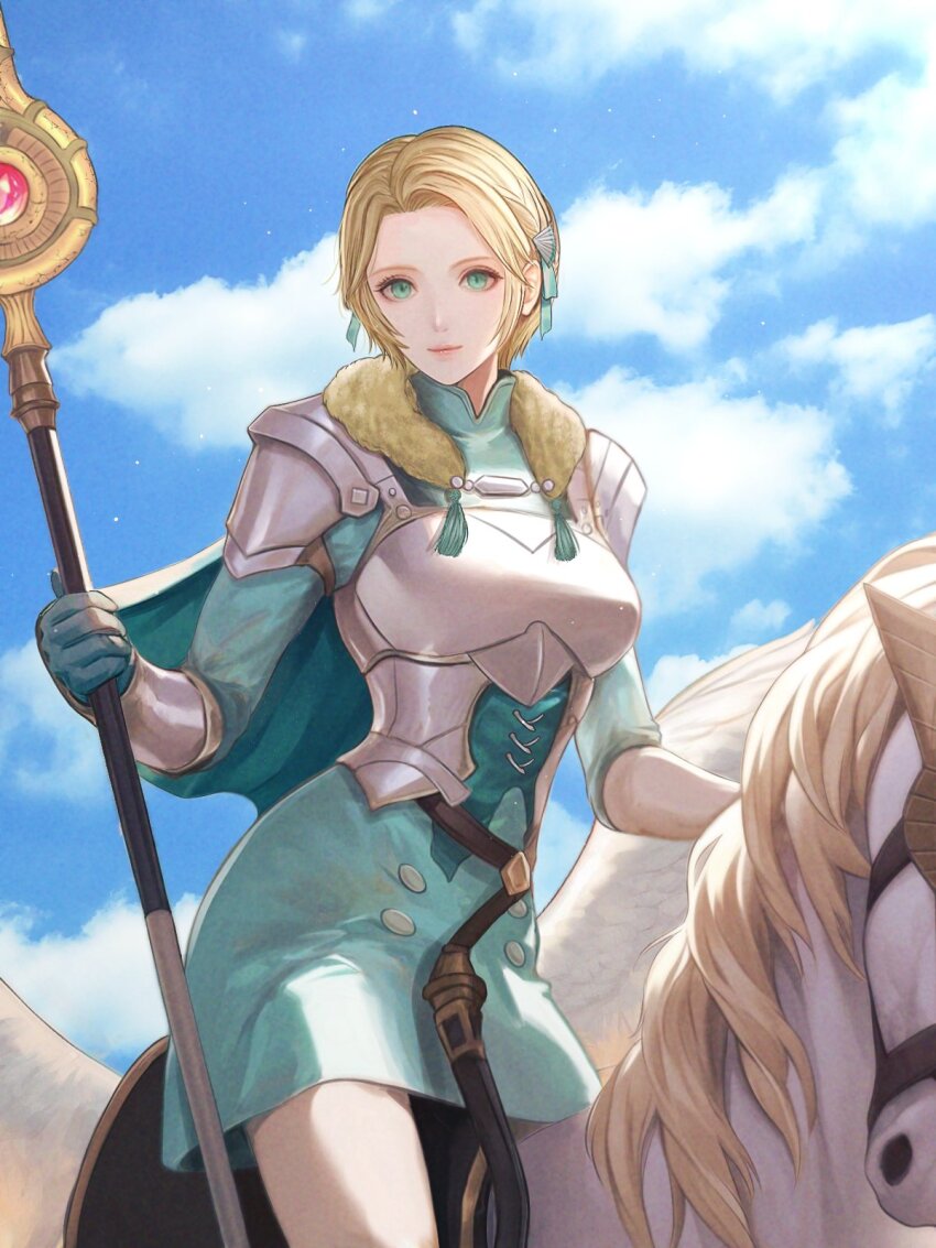 1girl, aqua_tunic, armor, belt, belt_buckle, blonde_hair, boobplate, bracer