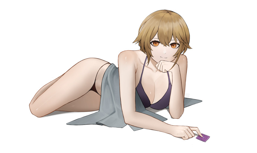 1girl, absurdres, black_panties, blonde_hair, bra, breasts, closed_mouth, collarbone