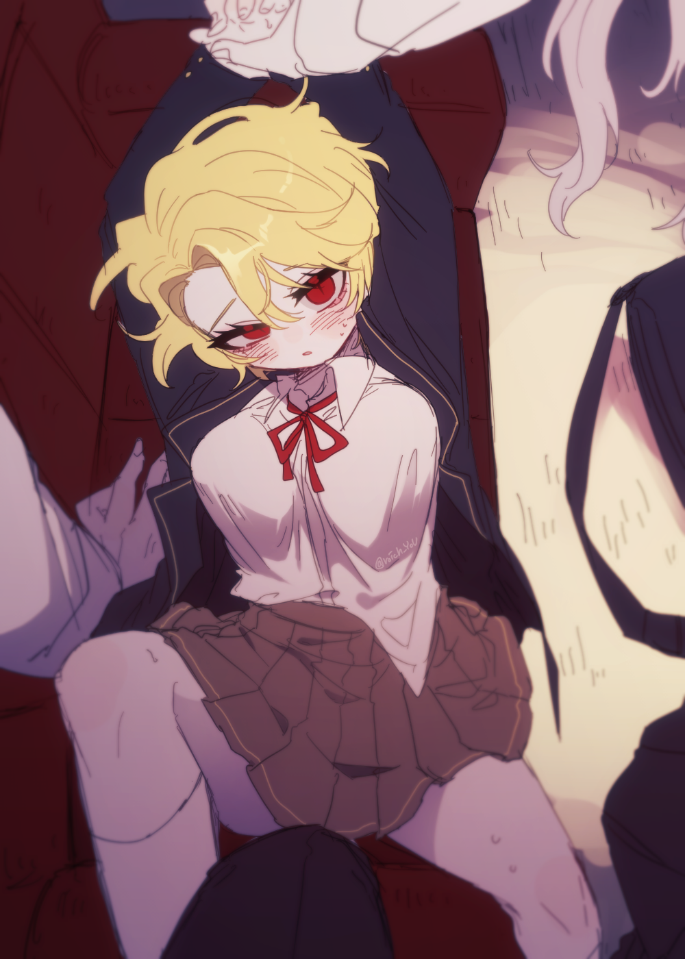 1girl, black_jacket, black_skirt, blush, breasts, don_quixote_(project_moon), highres, jacket