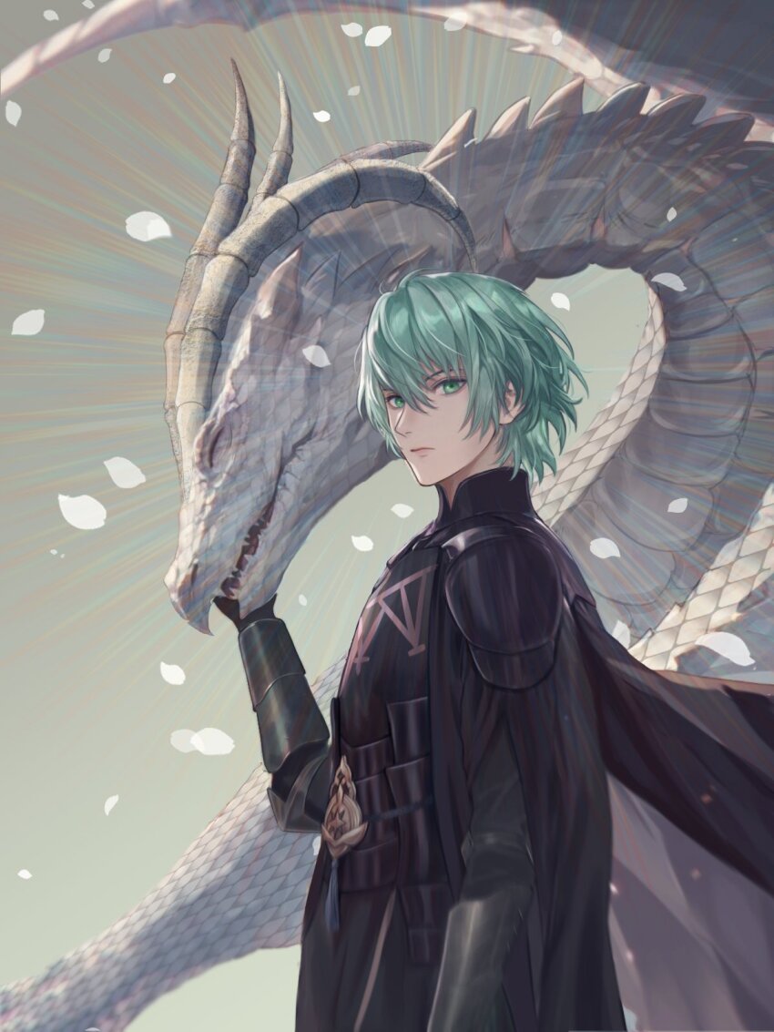 1boy, arm_up, armor, black_armor, black_cape, black_gloves, black_gorget, black_shirt