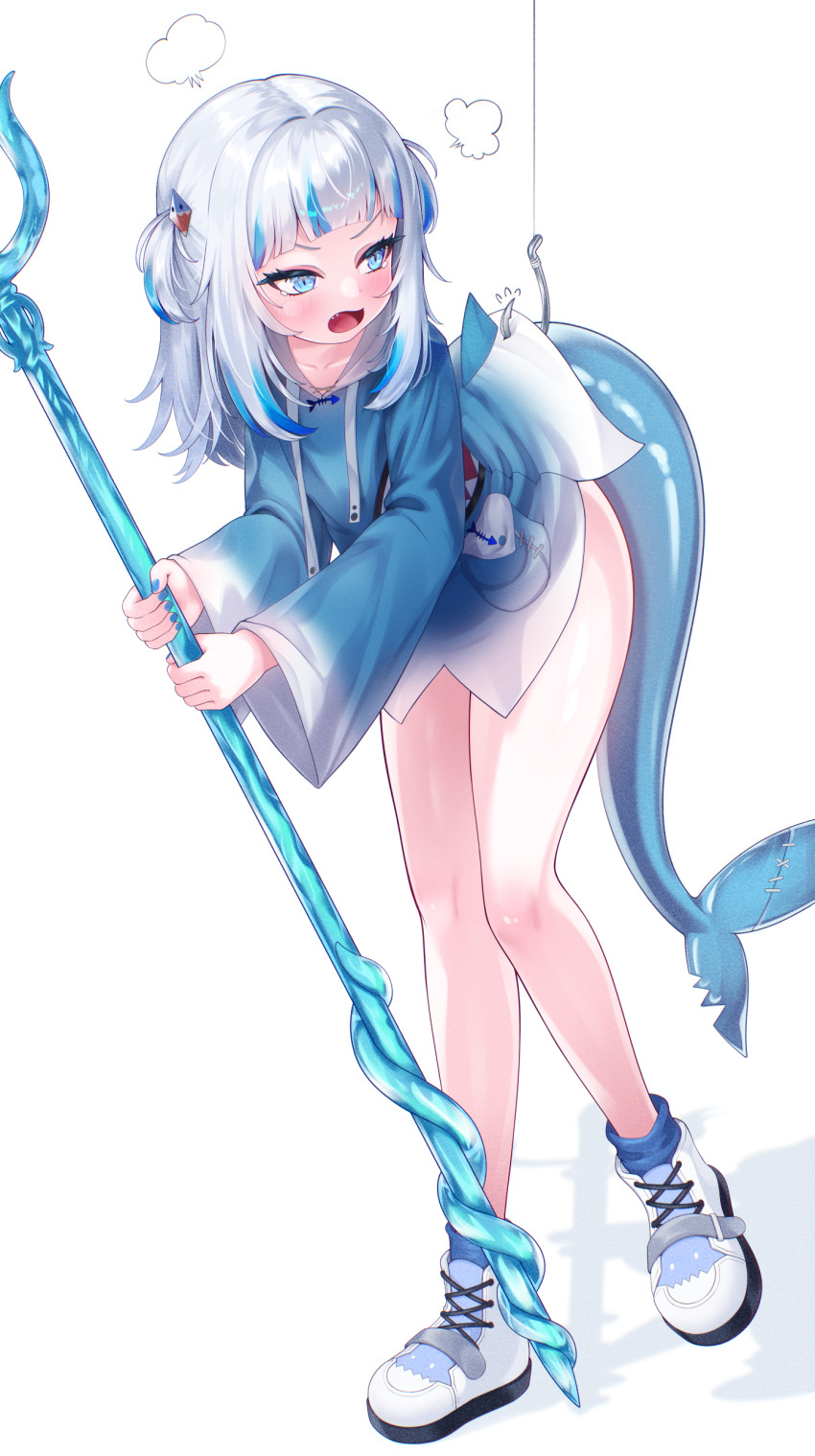 1girl, absurdres, animal_costume, blue_eyes, blue_hair, blue_hoodie, blue_nails, blue_socks