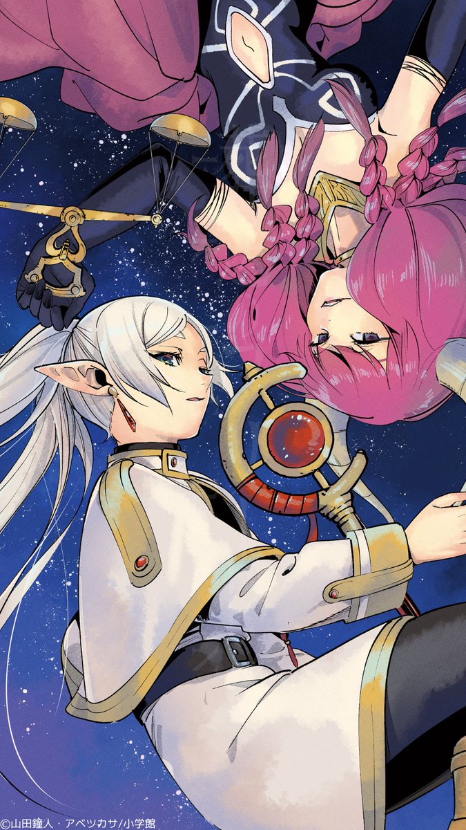 2girls, aura_(sousou_no_frieren), bare_shoulders, black_dress, black_gloves, black_pantyhose, blue_background, boots