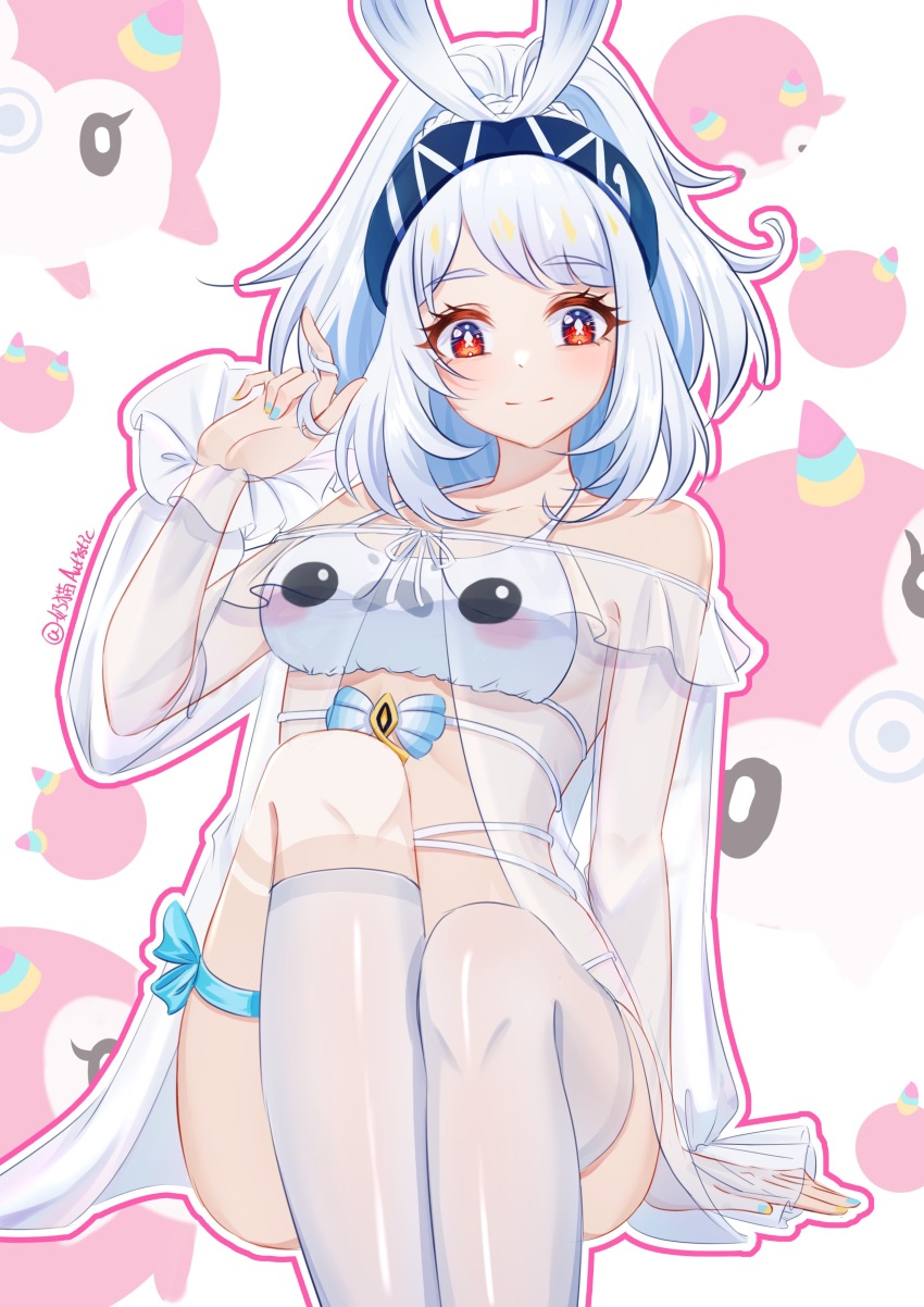 1girl, abeimaochidiaole, absurdres, bikini, bikini_visible_through_clothes, blue_hair, blue_hairband, blush, breasts, closed_mouth, genshin_impact, hairband, highres, long_hair, looking_at_viewer, medium_breasts, midriff, mualani_(genshin_impact), multicolored_hair, red_eyes, simon_(ttgl), simple_background, smile, solo, stomach, swimsuit, white_bikini, white_hair
