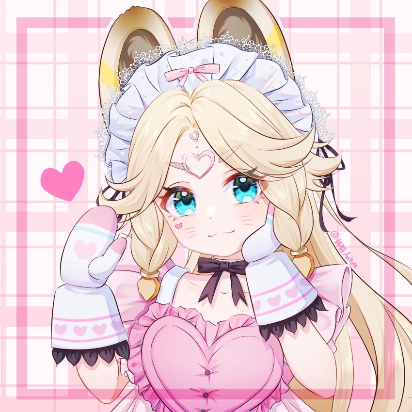 1girl, abeimaochidiaole, absurdres, alternate_costume, animal_ears, apron, aqua_eyes, blonde_hair