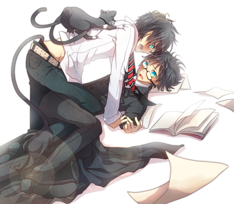 2boys, ao_no_exorcist, bad_id, bad_pixiv_id, blue_eyes, brothers, cat, glasses, kuro_(ao_no_exorcist), male_focus, mole, multiple_boys, okumura_rin, okumura_yukio, open_mouth, pointy_ears, rirumu, school_uniform, short_hair, siblings, surprised, tail, yaoi