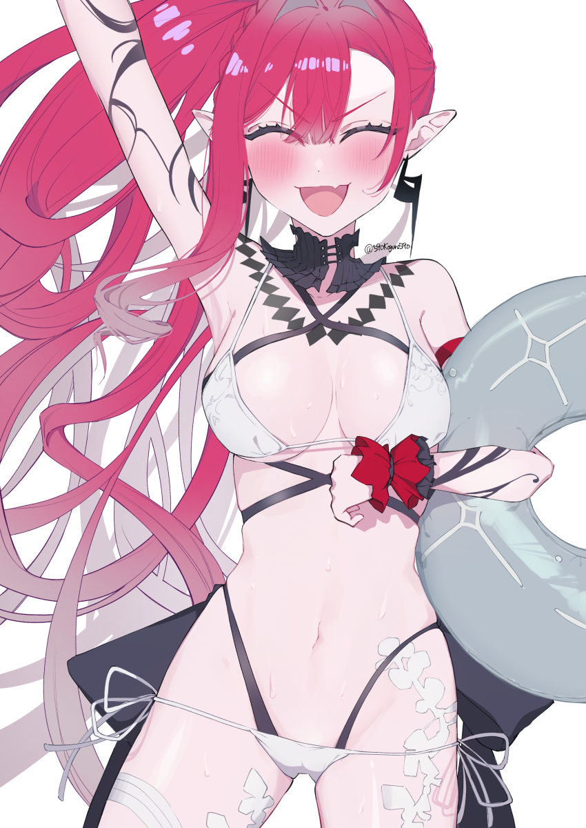 1girl, 590kogure590, absurdres, arm_up, baobhan_sith_(fate), baobhan_sith_(swimsuit_pretender)_(third_ascension)_(fate), bikini, blush, breasts, closed_eyes, detached_collar, earrings, facing_viewer, fate/grand_order, fate_(series), highres, holding, holding_swim_ring, innertube, jewelry, long_hair, navel, open_mouth, pink_hair, pointy_ears, side_ponytail, smile, solo, swim_ring, swimsuit, white_background, white_bikini