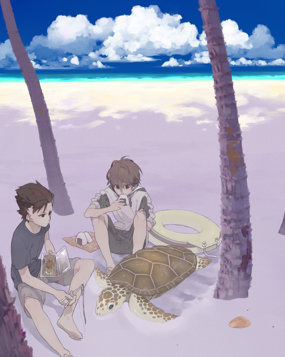 2boys, barefoot, beach, brown_hair, cloud, day, eating, food