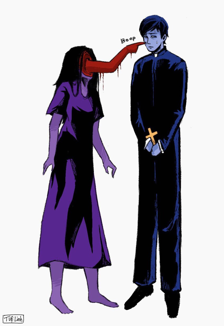 1boy, 1girl, abyssofchaos48, amy_martin, barefoot, blue_skin, body_horror, cheek_poking, closed_mouth, colored_skin, commentary, cross, crucifix, dress, english_commentary, faceless, faceless_female, faith_(game), full_body, highres, john_ward, layered_sleeves, long_hair, long_sleeves, looking_to_the_side, multiple_monochrome, nervous_sweating, poking, priest, purple_dress, purple_skin, red_skin, scoop_neck, short_sleeves, sideburns, sideways_glance, simple_background, sound_effects, standing, sweat, white_background