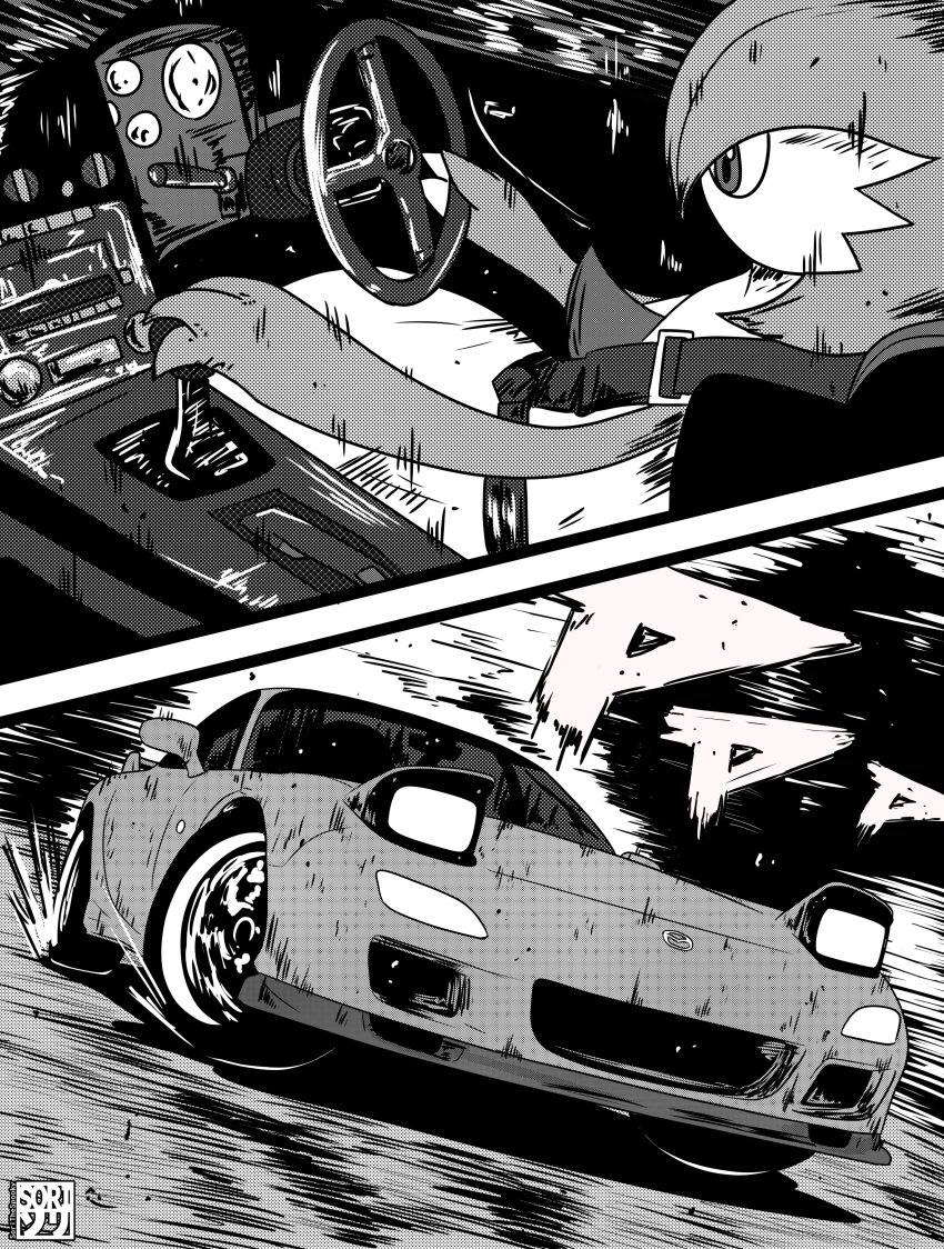 absurdres, bob_cut, car, colored_skin, driving, gardevoir, gen_3_pokemon, greyscale