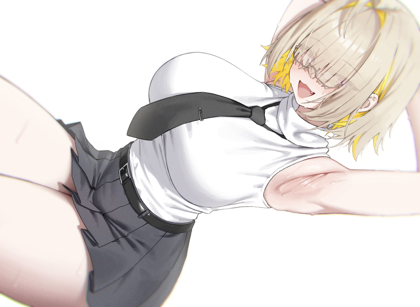 1girl, :3, absurdres, ahoge, alternate_costume, armpits, arms_up, belt