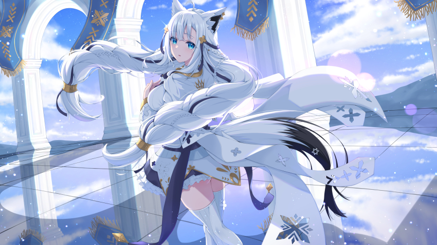1girl, ahoge, animal_ear_fluff, animal_ear_piercing, animal_ears, aqua_eyes, banner, black_tail