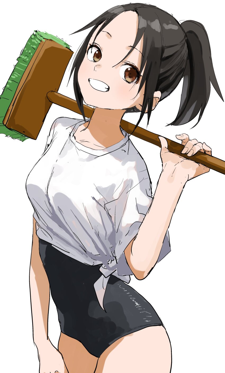 1girl, absurdres, black_one-piece_swimsuit, broom, brown_eyes, clenched_teeth, grin, highres
